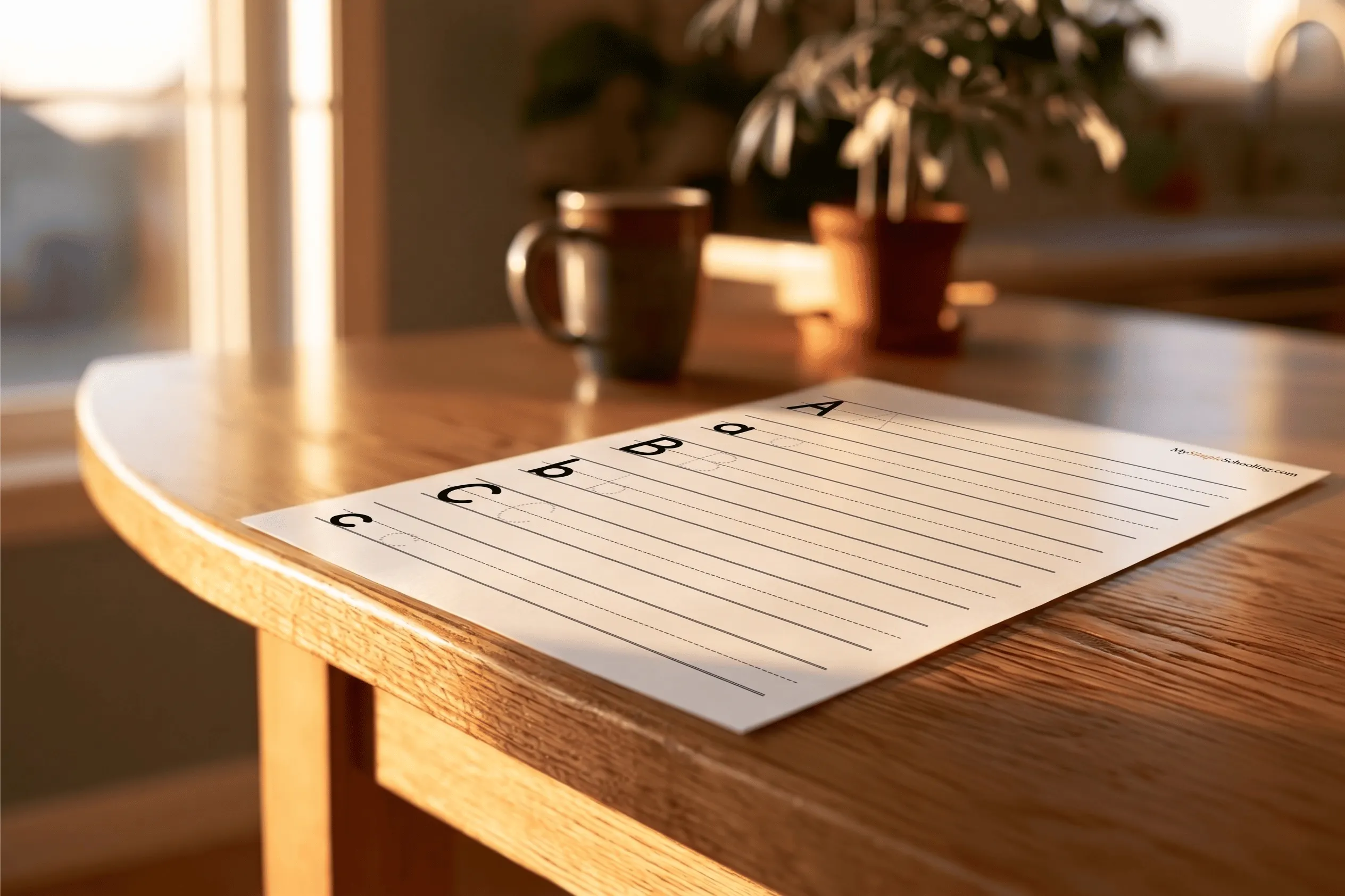 A lined alphabet practice sheet on a wooden table in warm light.