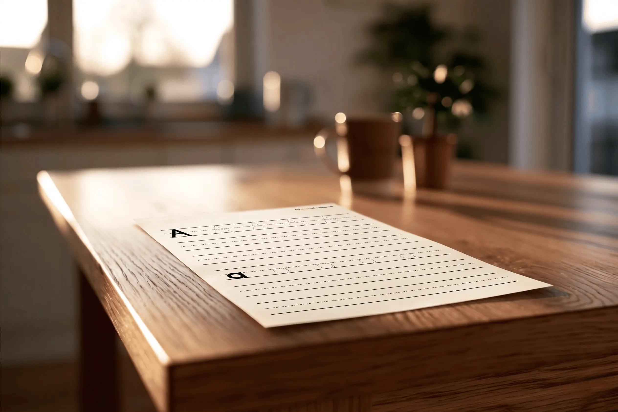 My Simple Writing Sheets lined pages on a wooden table in warm evening light, beside a mug.