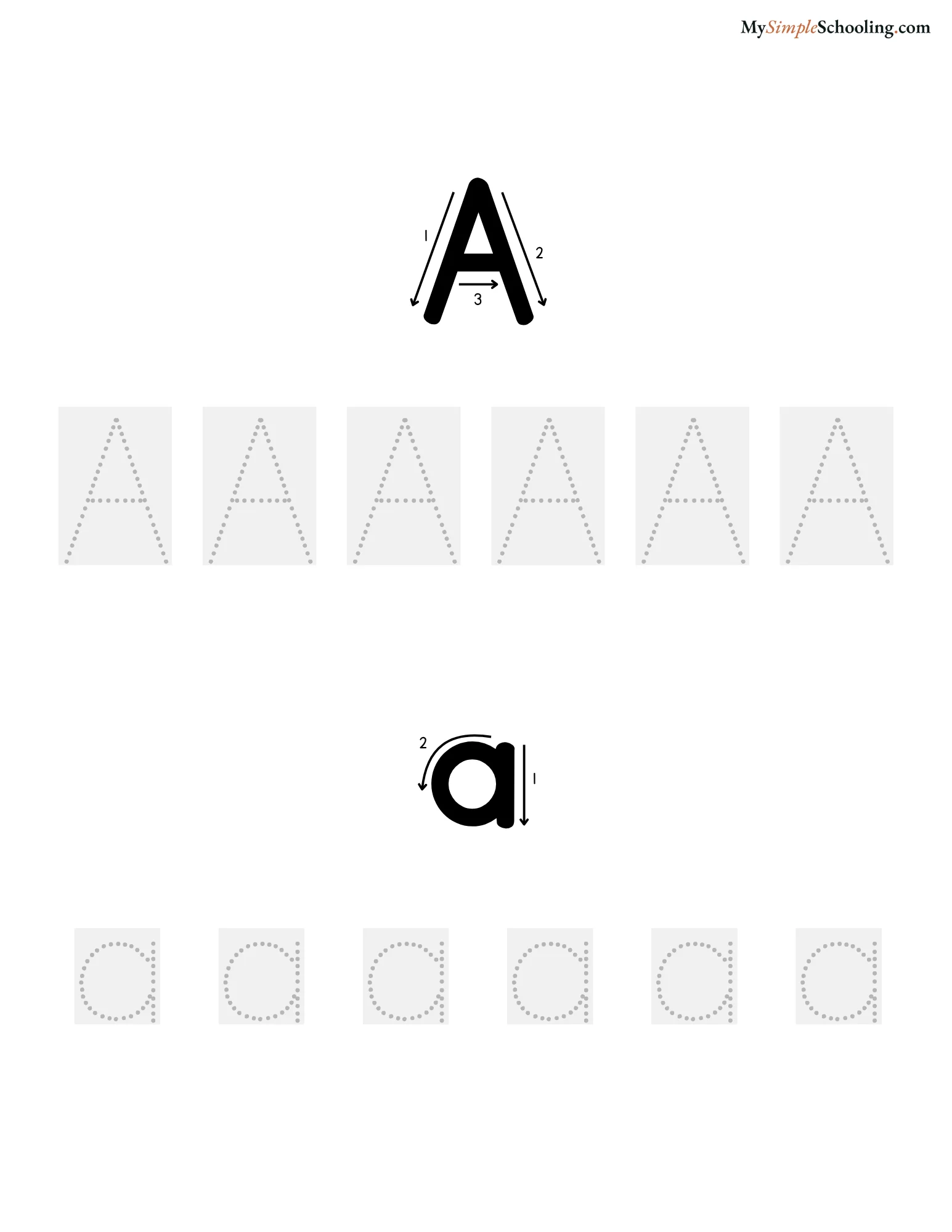 Level 1 trace sheet with numbered stroke arrows and dotted letters